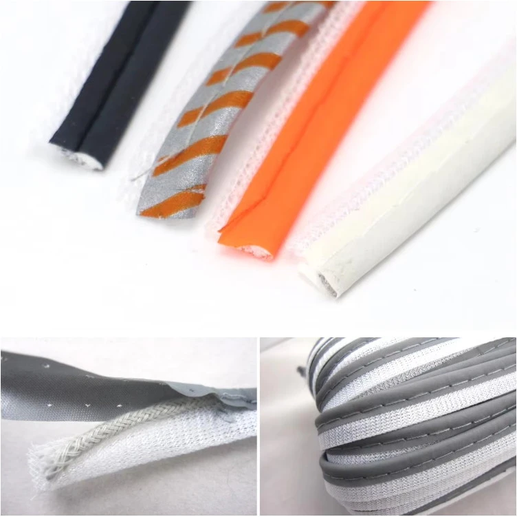Reflective piping manufacturing process with width control and textile sewing verification Reflective piping manufacturing process with width control and textile sewing verification