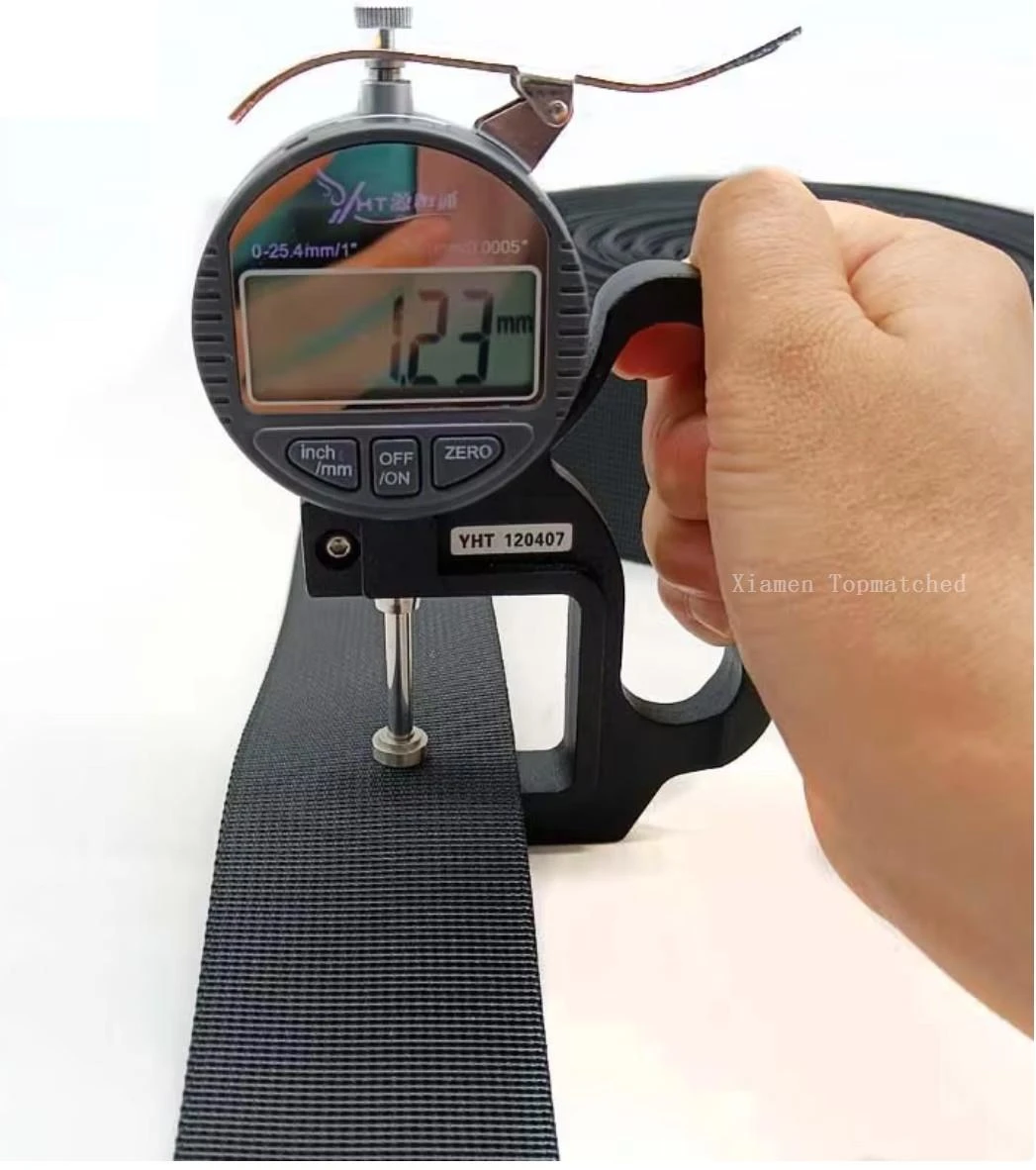 Quality inspection of nylon webbing belt roll with width measurement and woven strap testing Quality inspection of nylon webbing belt roll with width measurement and woven strap testing